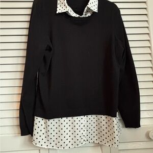 Adrianna Papell Black Sweater with White Polka Dot Shirt Trim